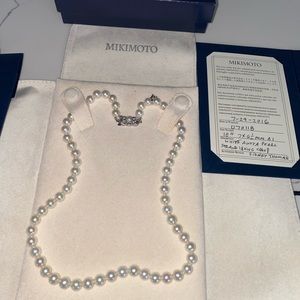 MIKIMOTO 18” Akoya Pearl strand with 18k white gold clasp Has M Charm